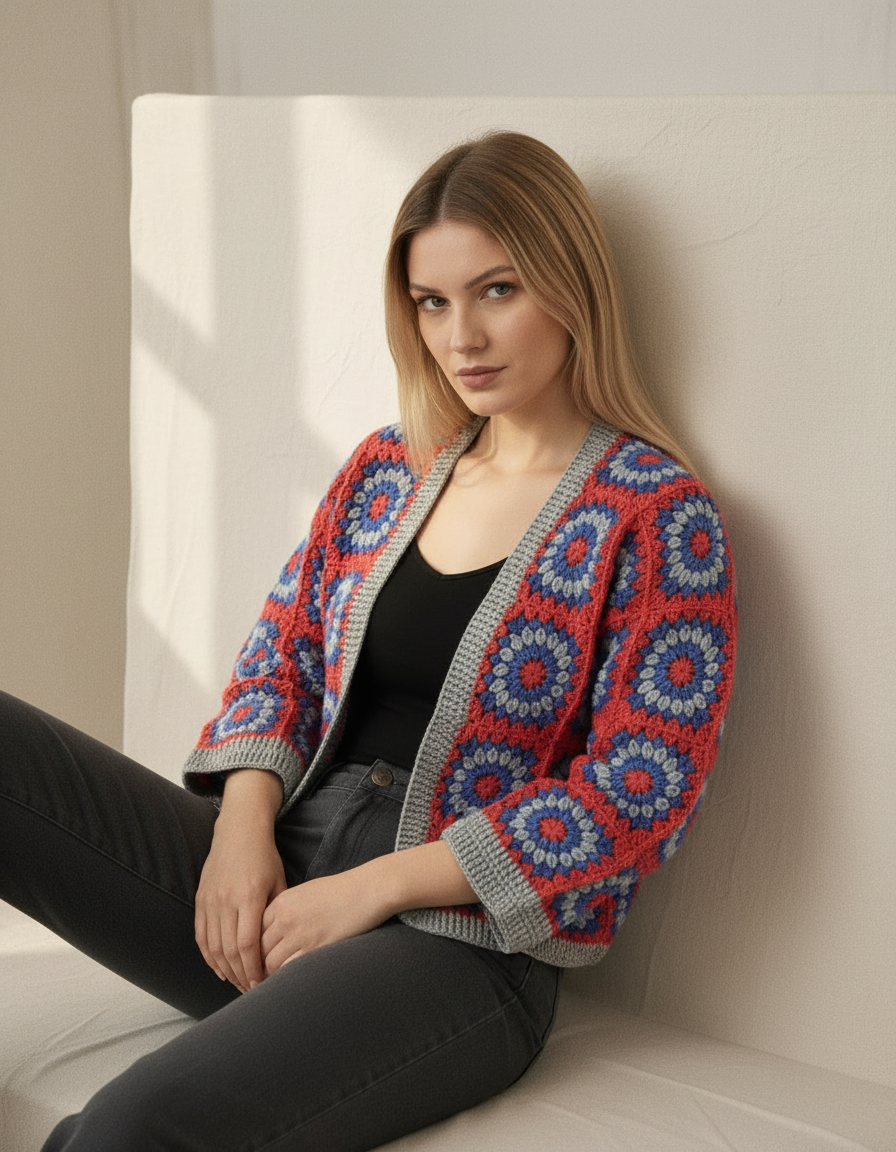 El Örgüsü Kırmızı Mavi Geometrik Motifli Kadın Hırka