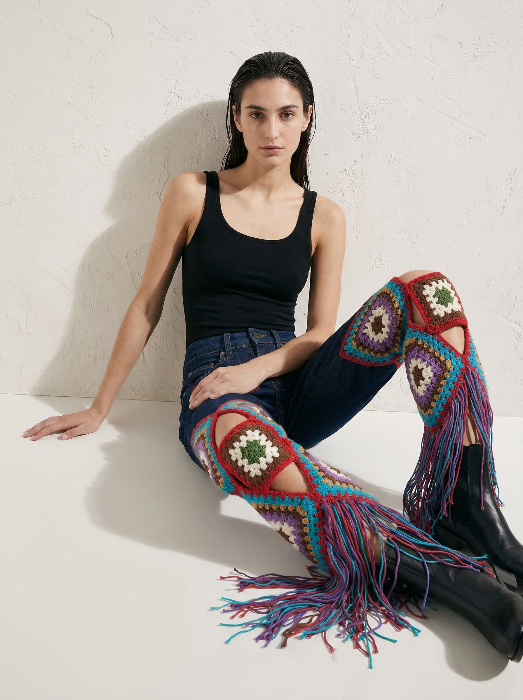 El Örgüsü Granny Motif Patchwork Kot Pantolon