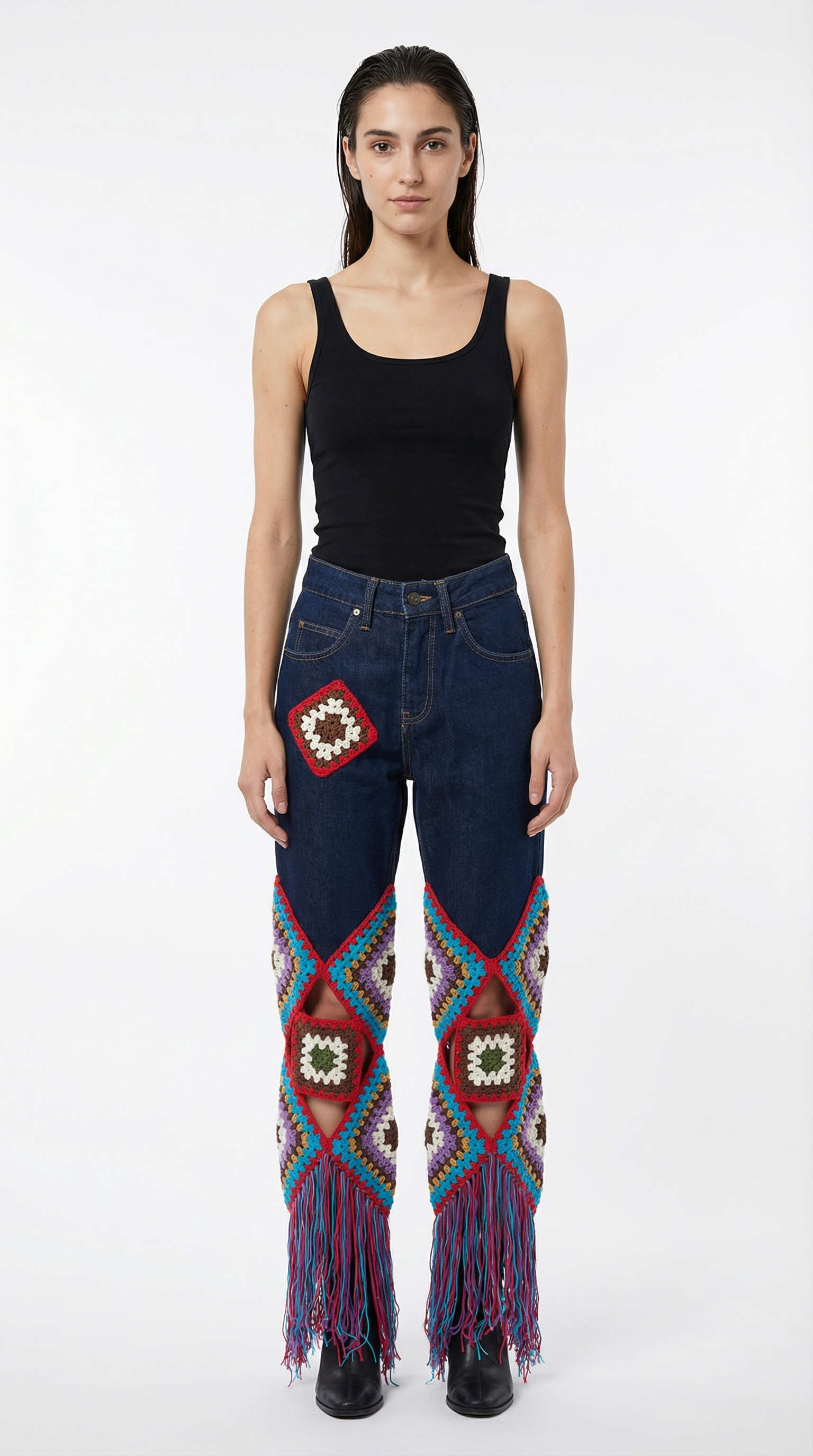 El Örgüsü Granny Motif Patchwork Kot Pantolon