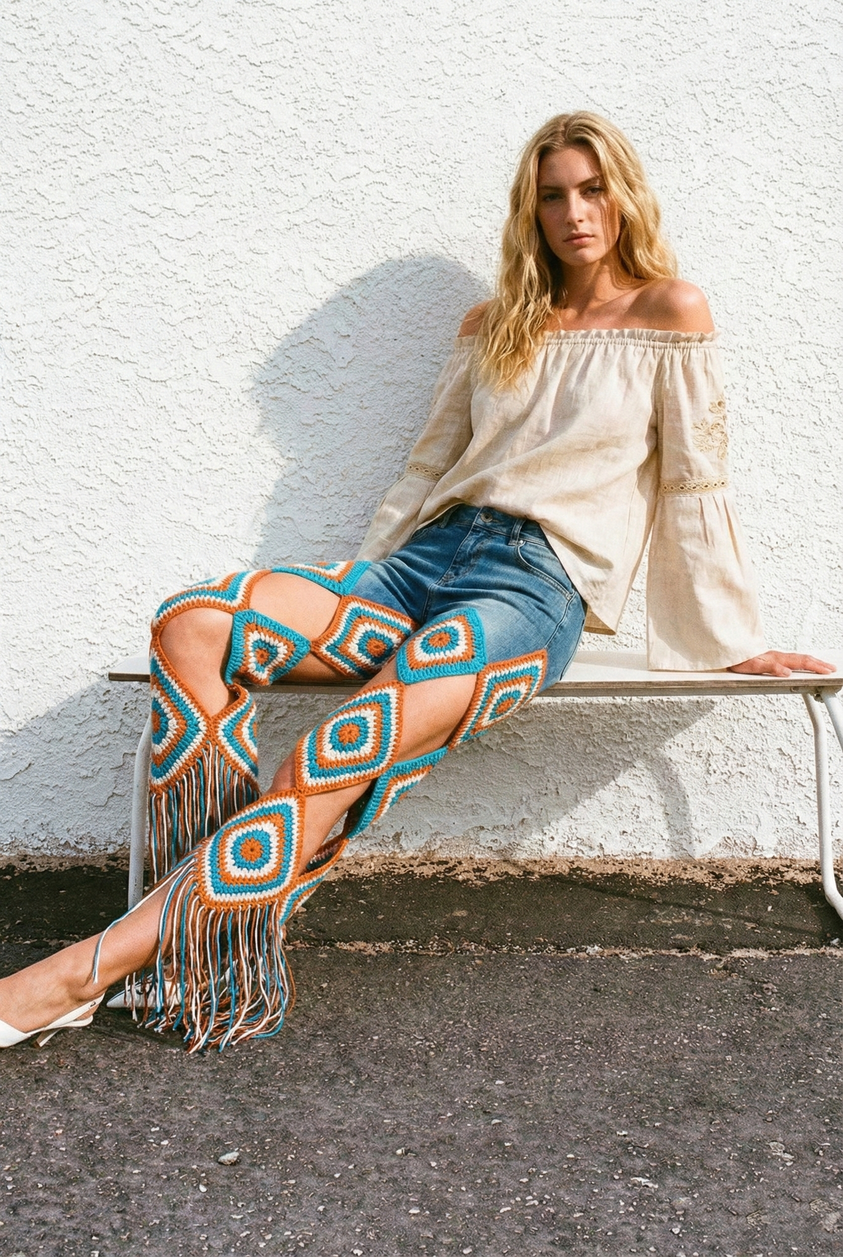 El Örgüsü Granny Motif Patchwork Kot Pantolon – Boho Statement Parça