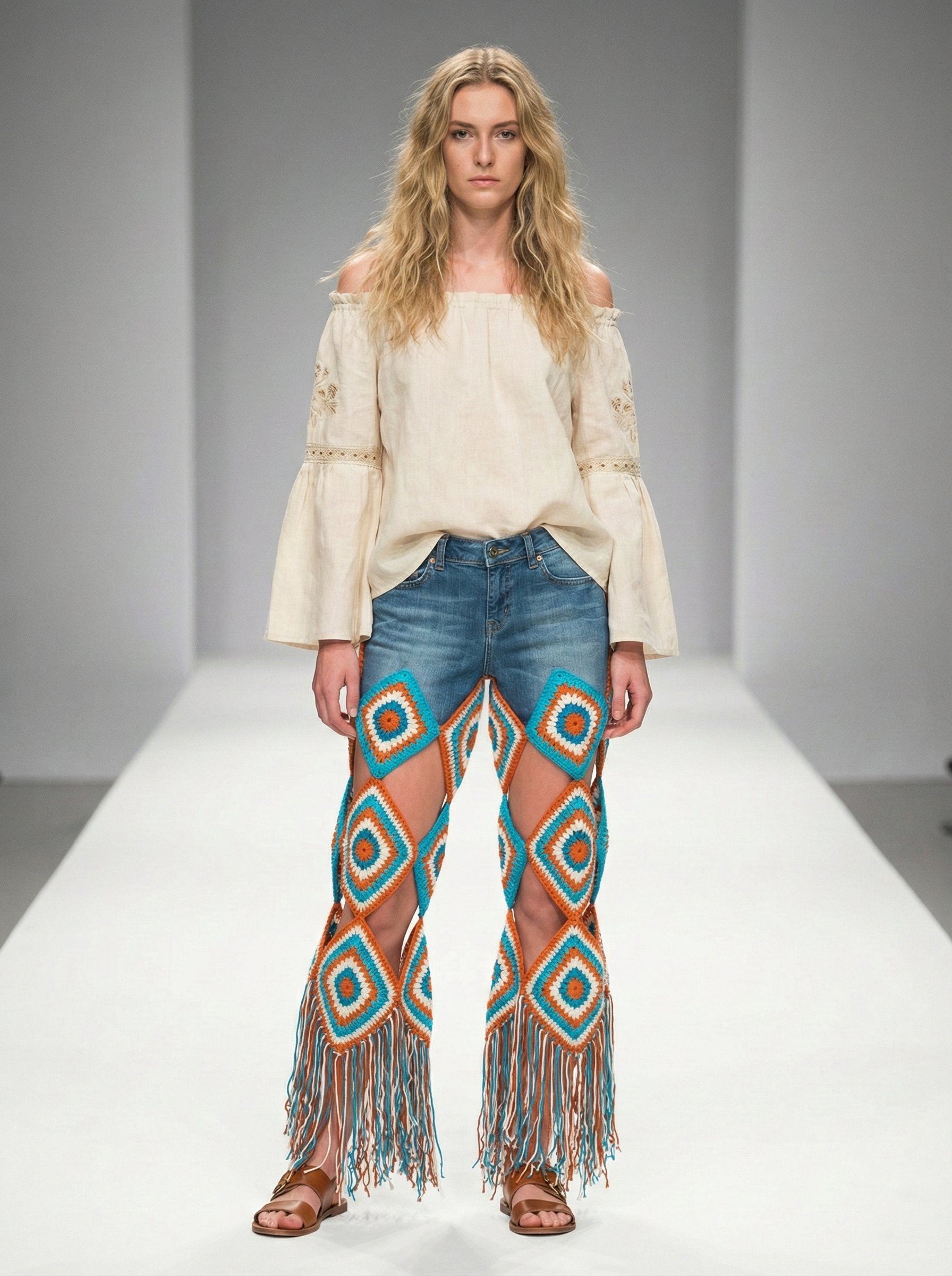 El Örgüsü Granny Motif Patchwork Kot Pantolon – Boho Statement Parça