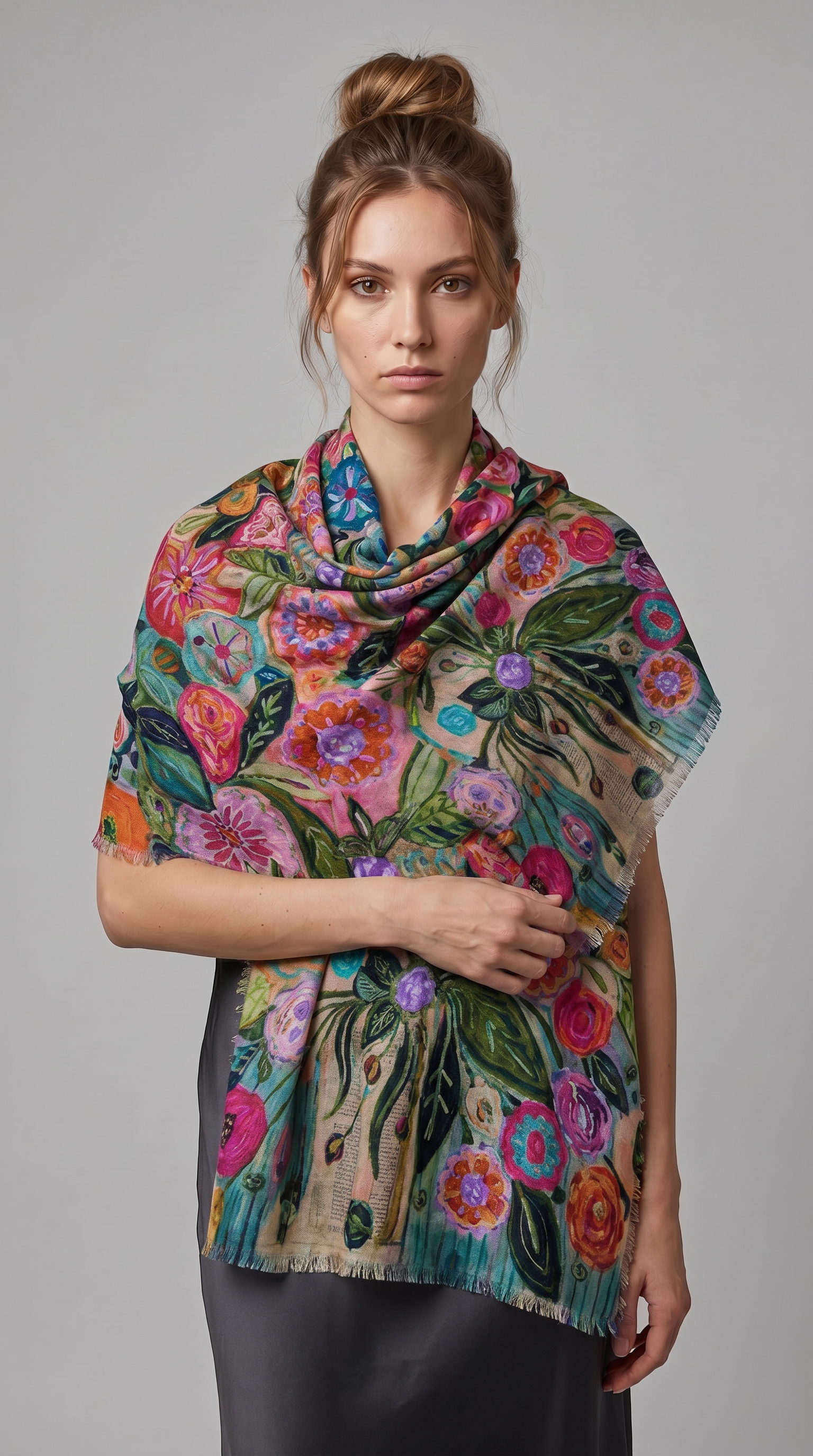 Renkli İşlemeli İpek Şal