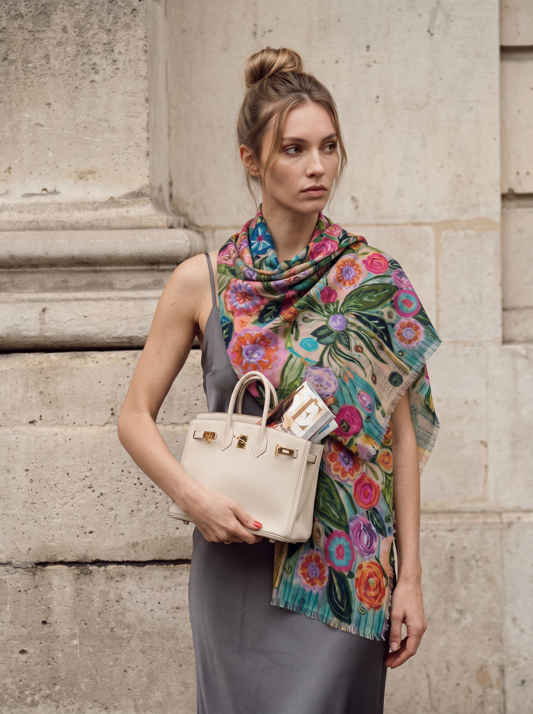 Renkli İşlemeli İpek Şal