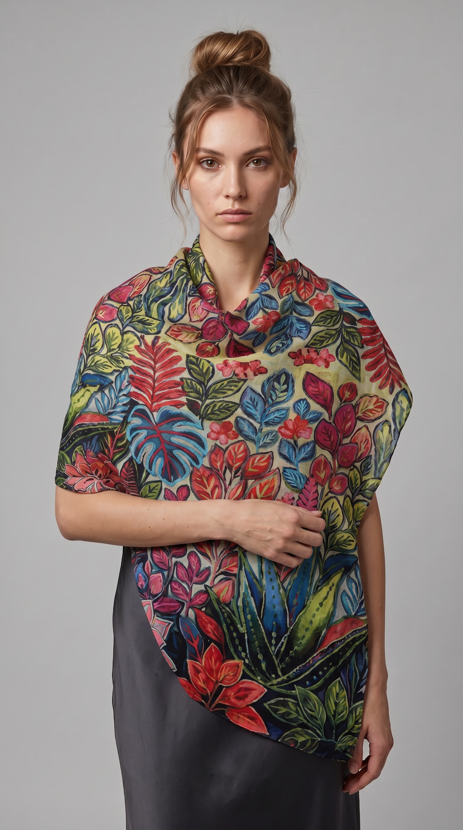 Renkli Botanik Desen İşlemeli İpek Şal