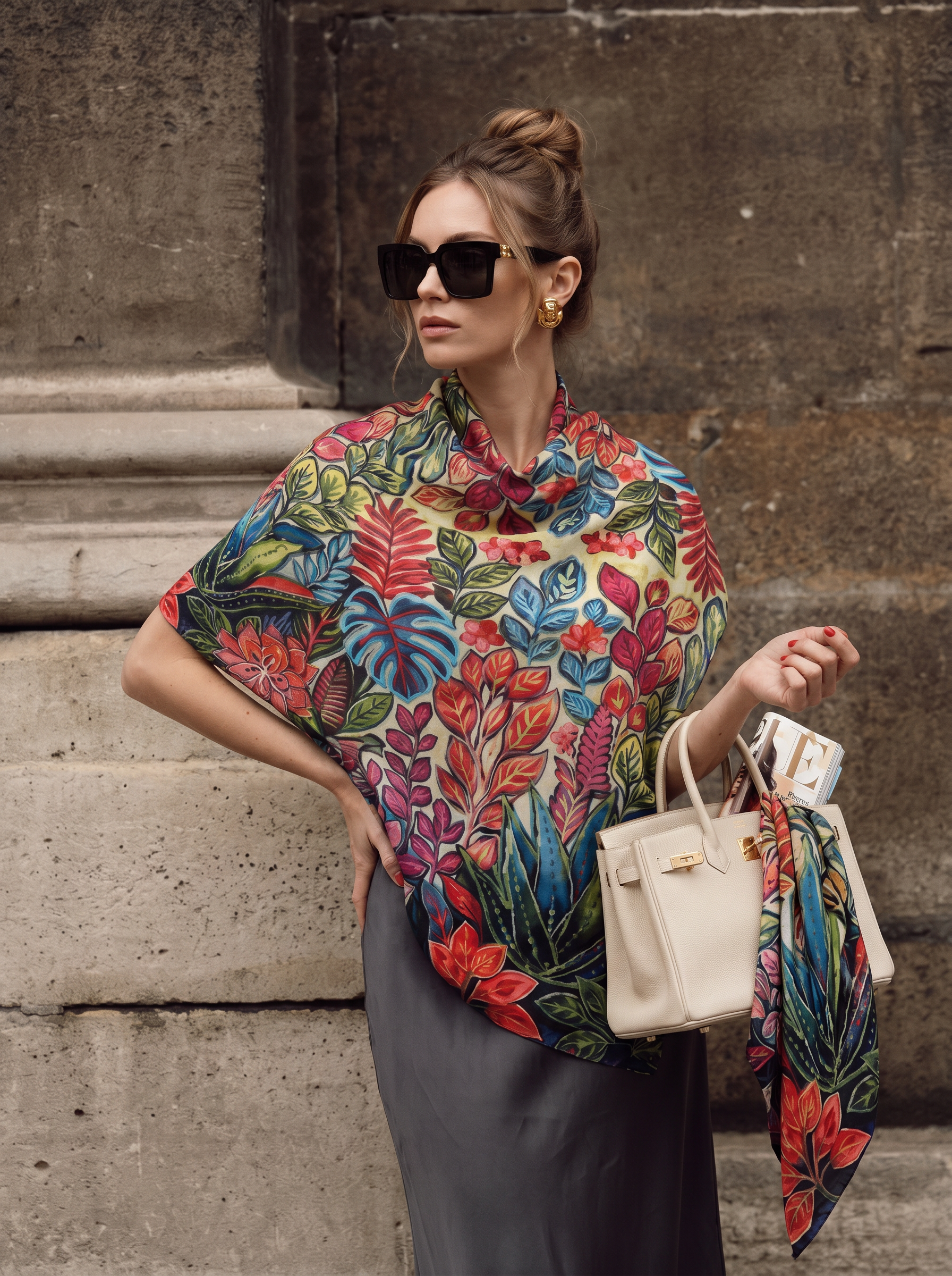 Renkli Botanik Desen İşlemeli İpek Şal