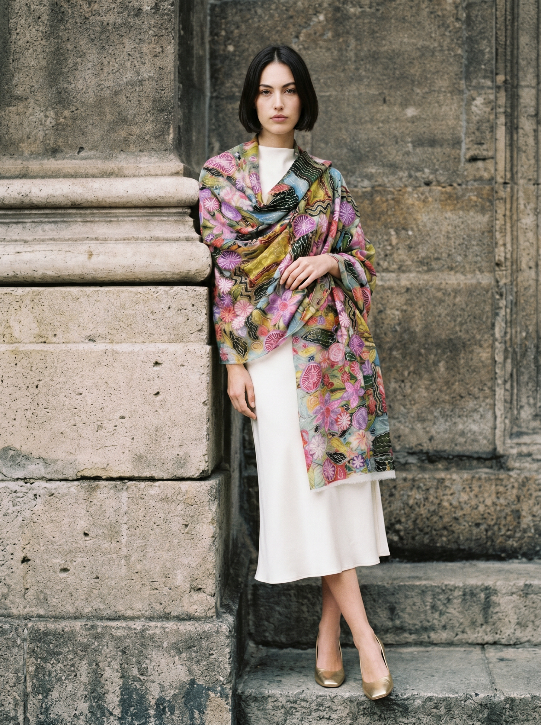 İşlemeli İpek Şal – Sanatsal Dokulu Desen