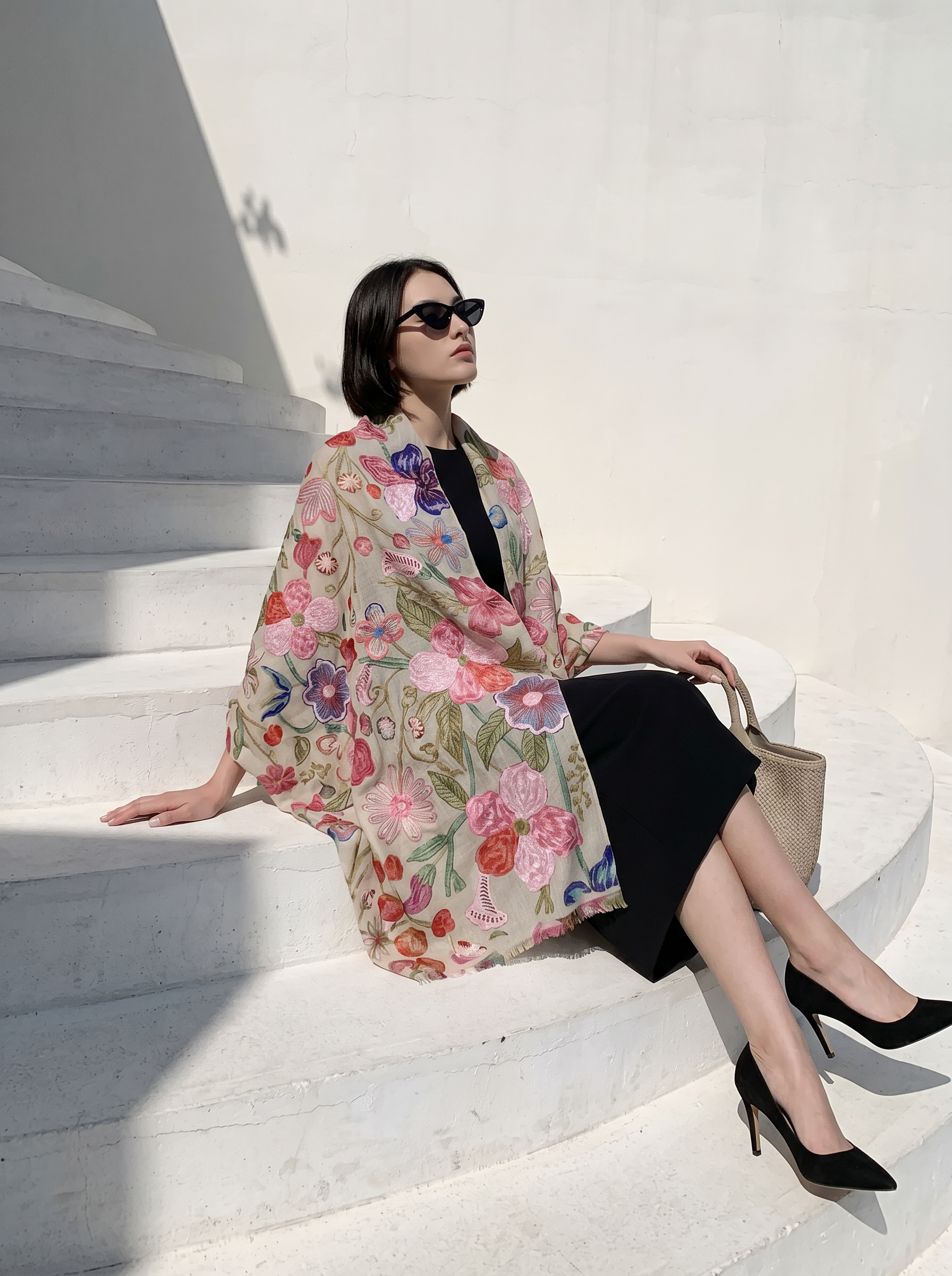 Soft Çiçek Desen İşlemeli İpek Şal