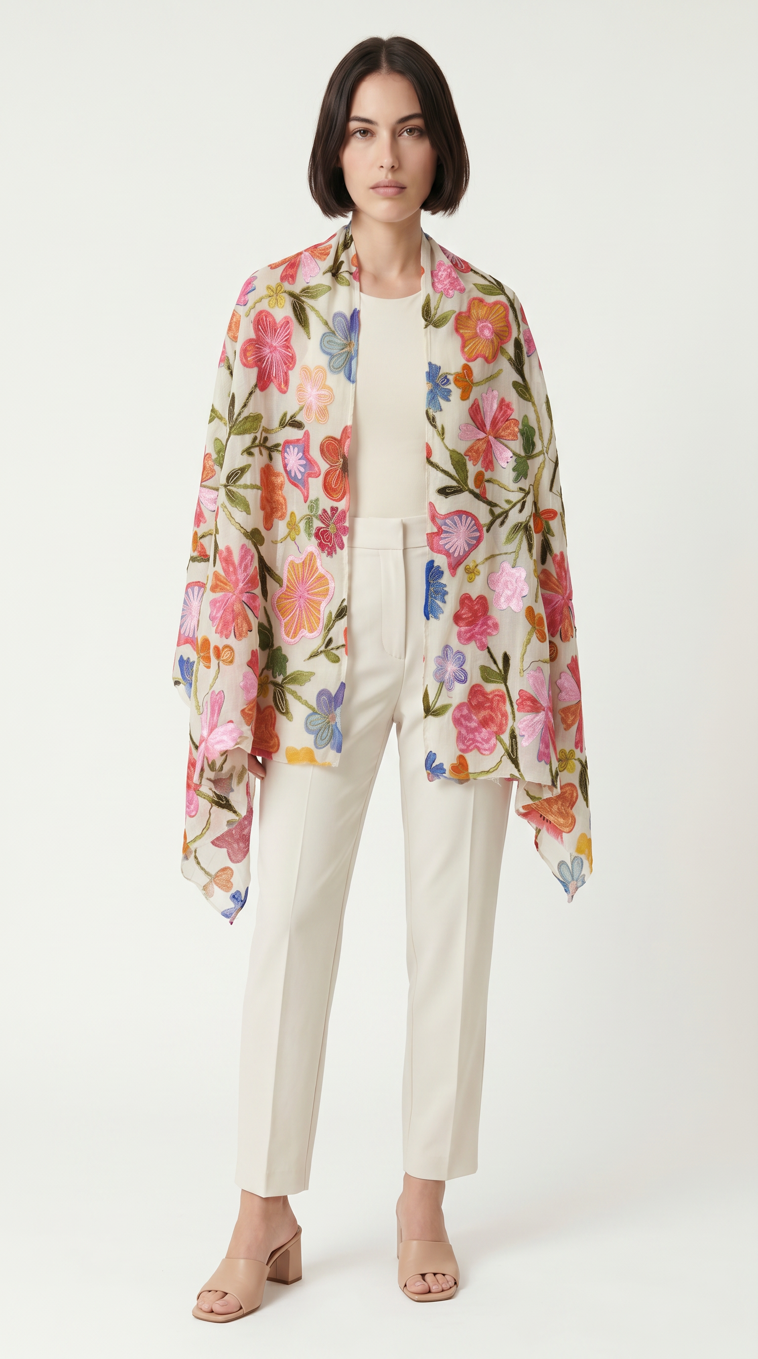 Çiçek Desen İşlemeli İpek Şal