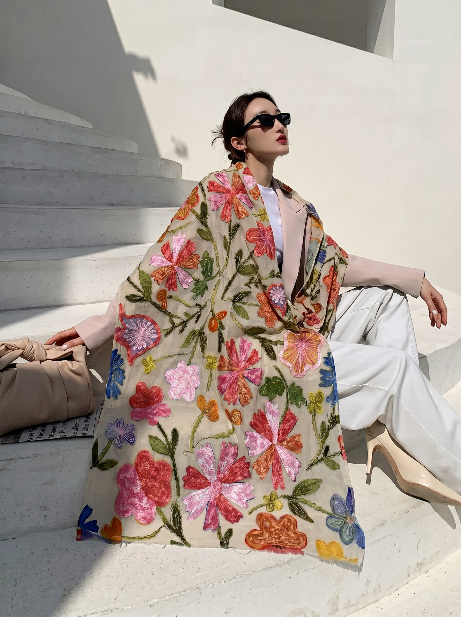 Çiçek Desen İşlemeli İpek Şal