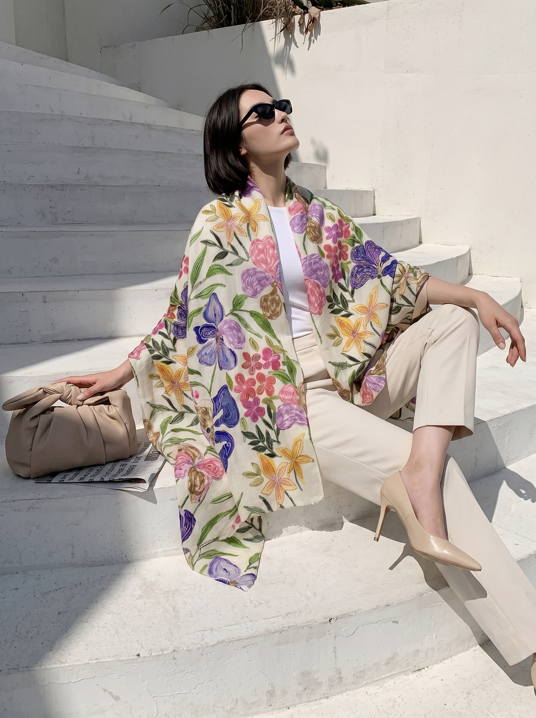 Çiçek Desen İşlemeli İpek Şal