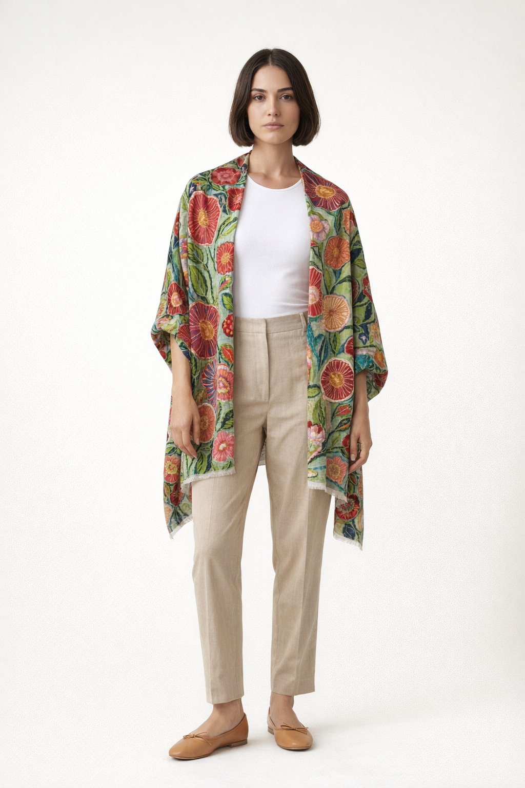 Renkli Çiçek Desenli İşlemeli İpek Şal