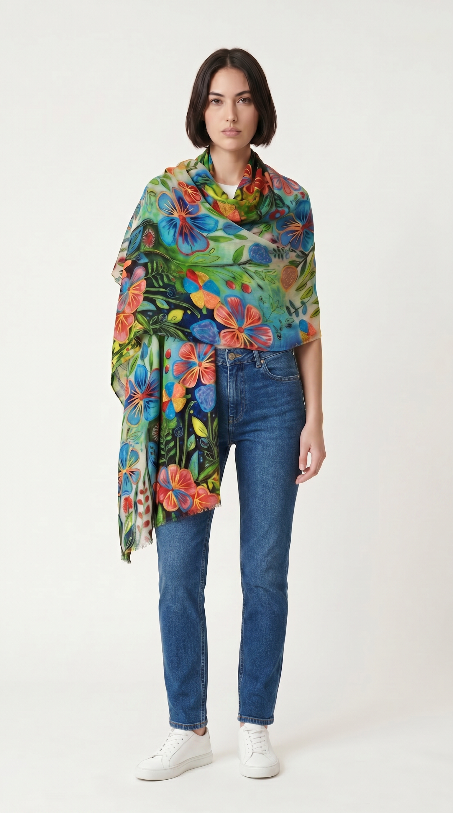 Çiçek Desen İşlemeli İpek Şal