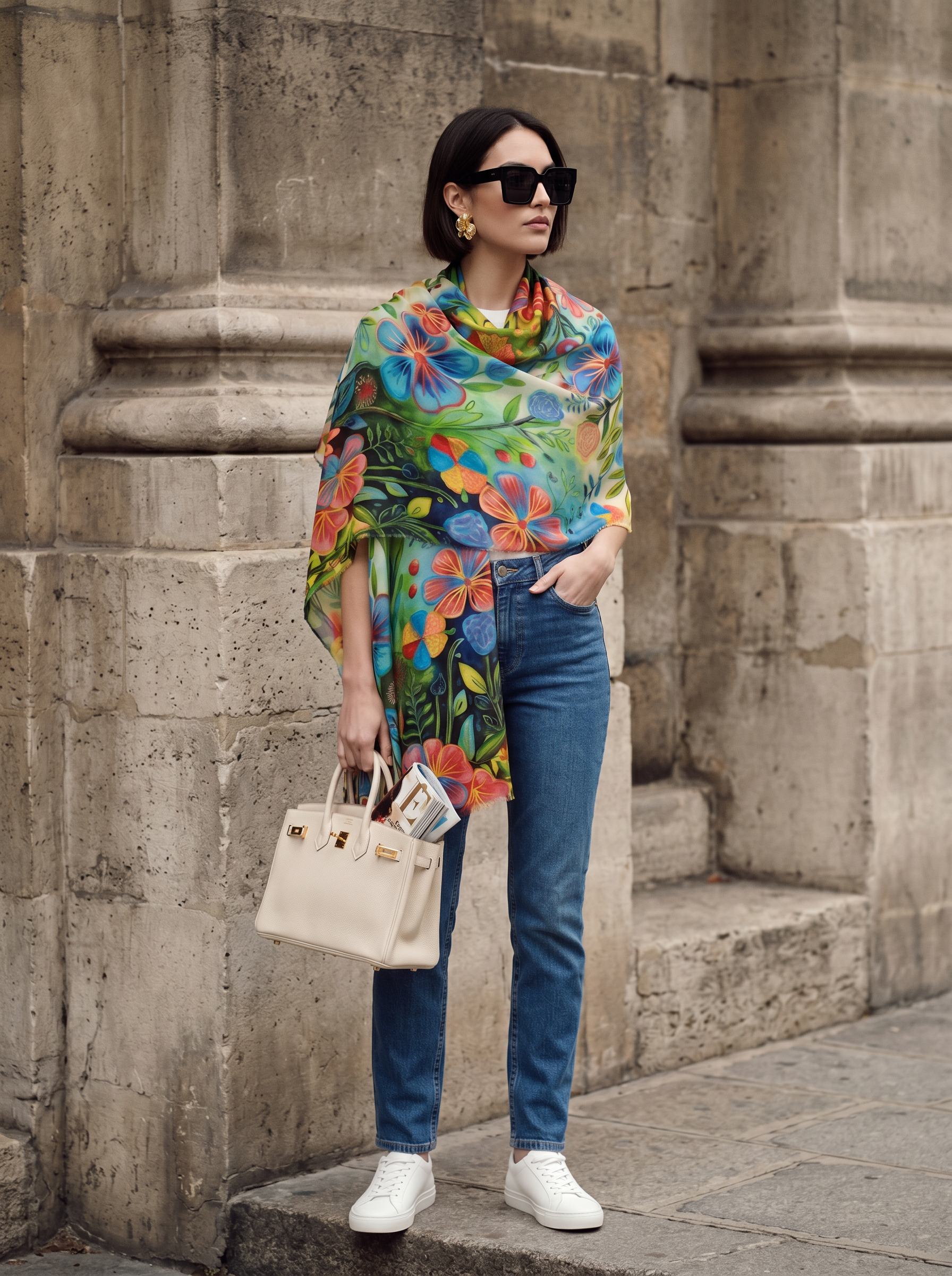 Çiçek Desen İşlemeli İpek Şal