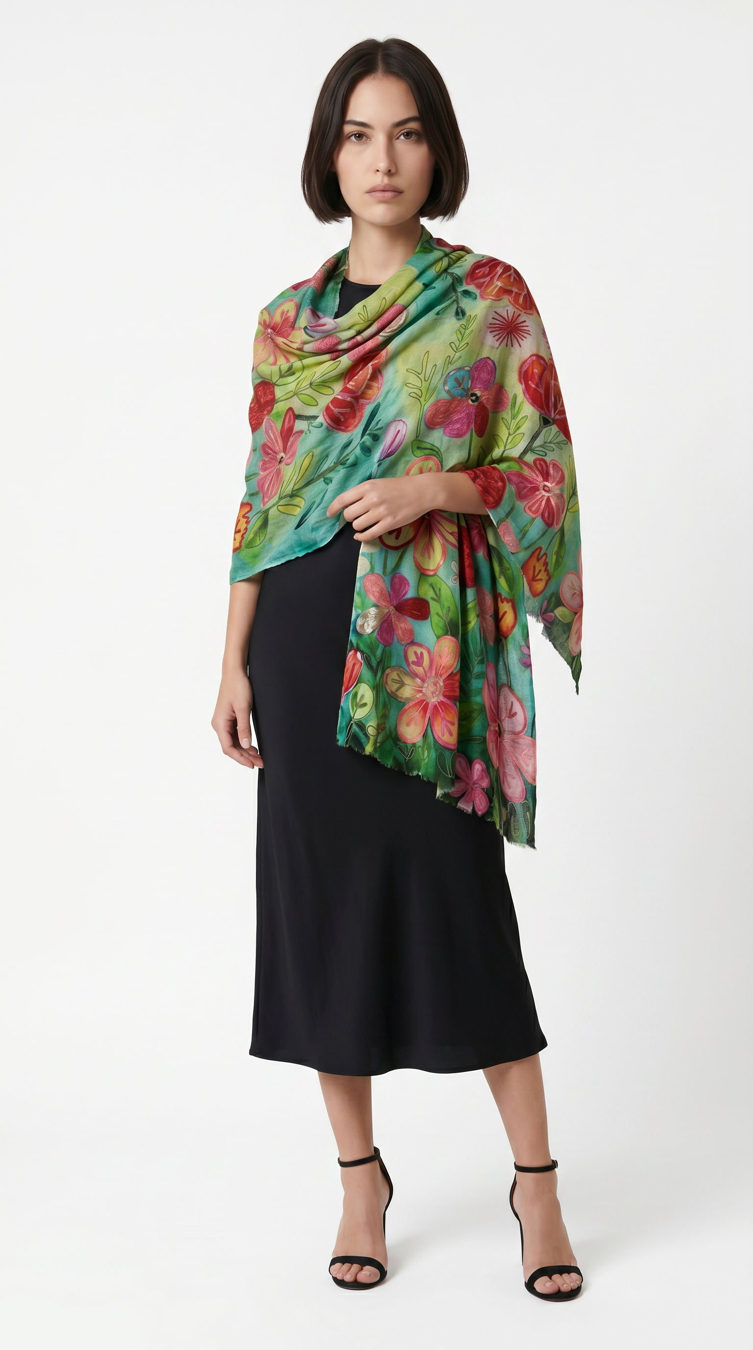 Çiçek Desen İşlemeli İpek Şal