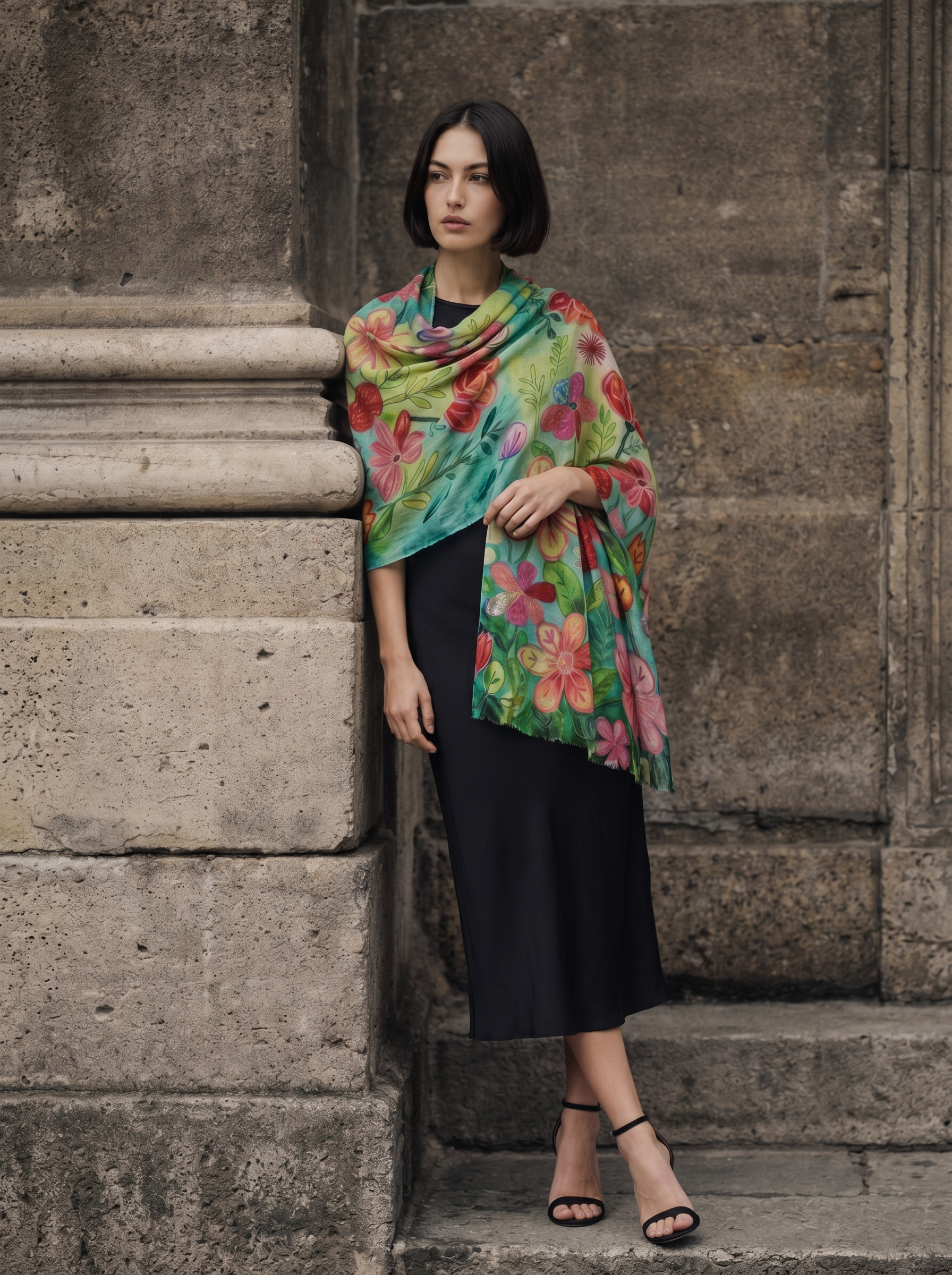 Çiçek Desen İşlemeli İpek Şal