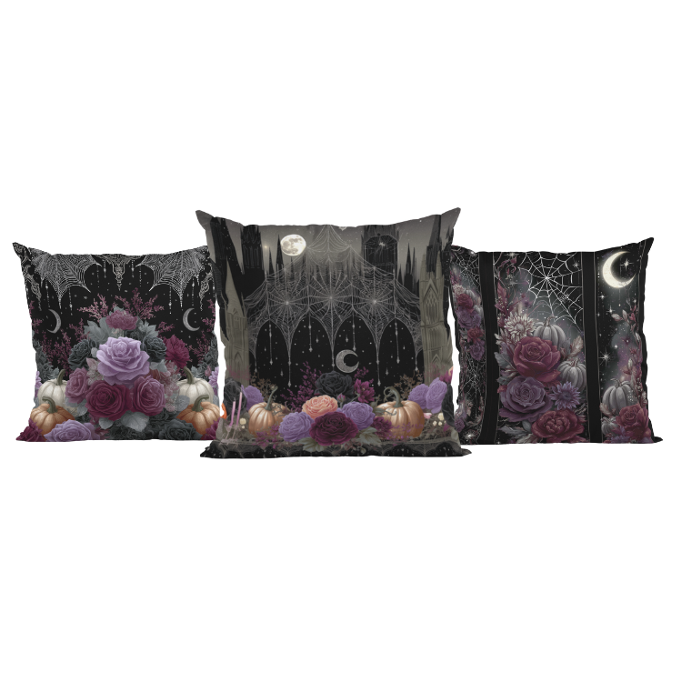 Gothic Moon & Rose Halloween Pillow Cover Set – Pack of 3