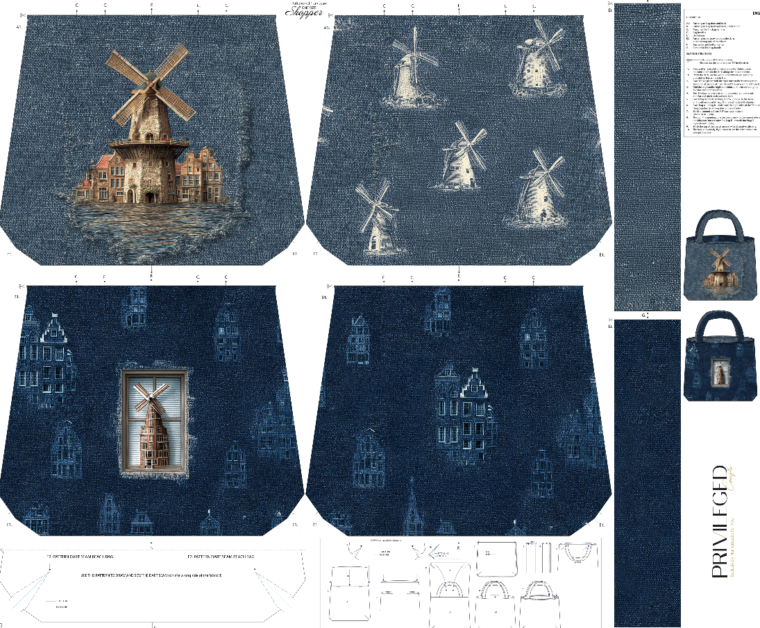 Dutch Spirit Bag Fabric | Denim Texture with Windmills & Iconic Dutch Architecture