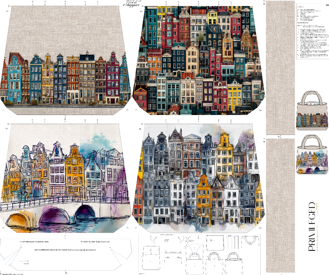 Amsterdam Harmony Bag Fabric | Outline Watercolor Canal Houses & Colorful Amsterdam Homes