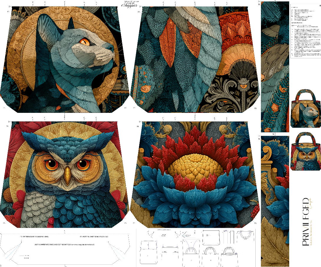 Majestic Owl & Cat Art Panel Bag Fabric | Cut and Sew