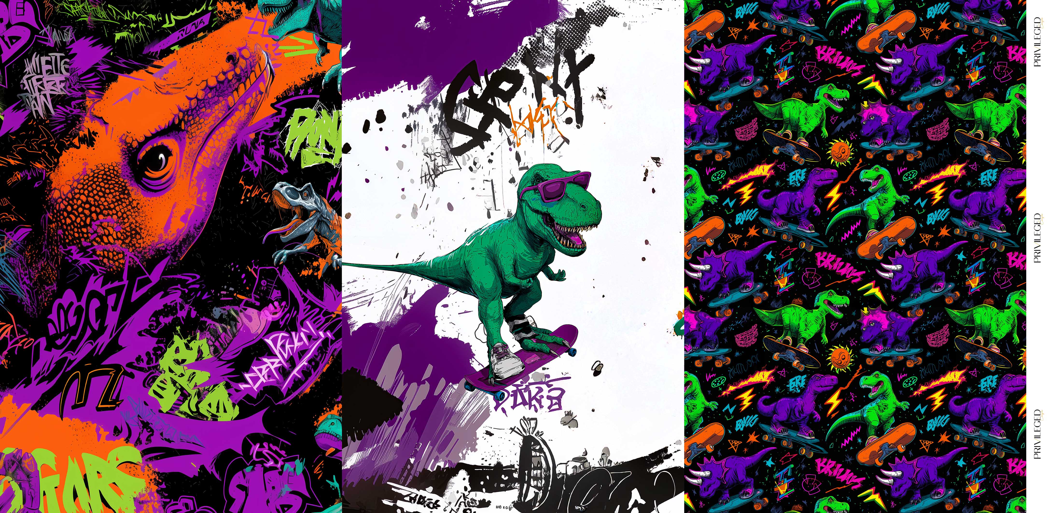 Skater Dino – Colorful Printed Fabric Panel for Kids