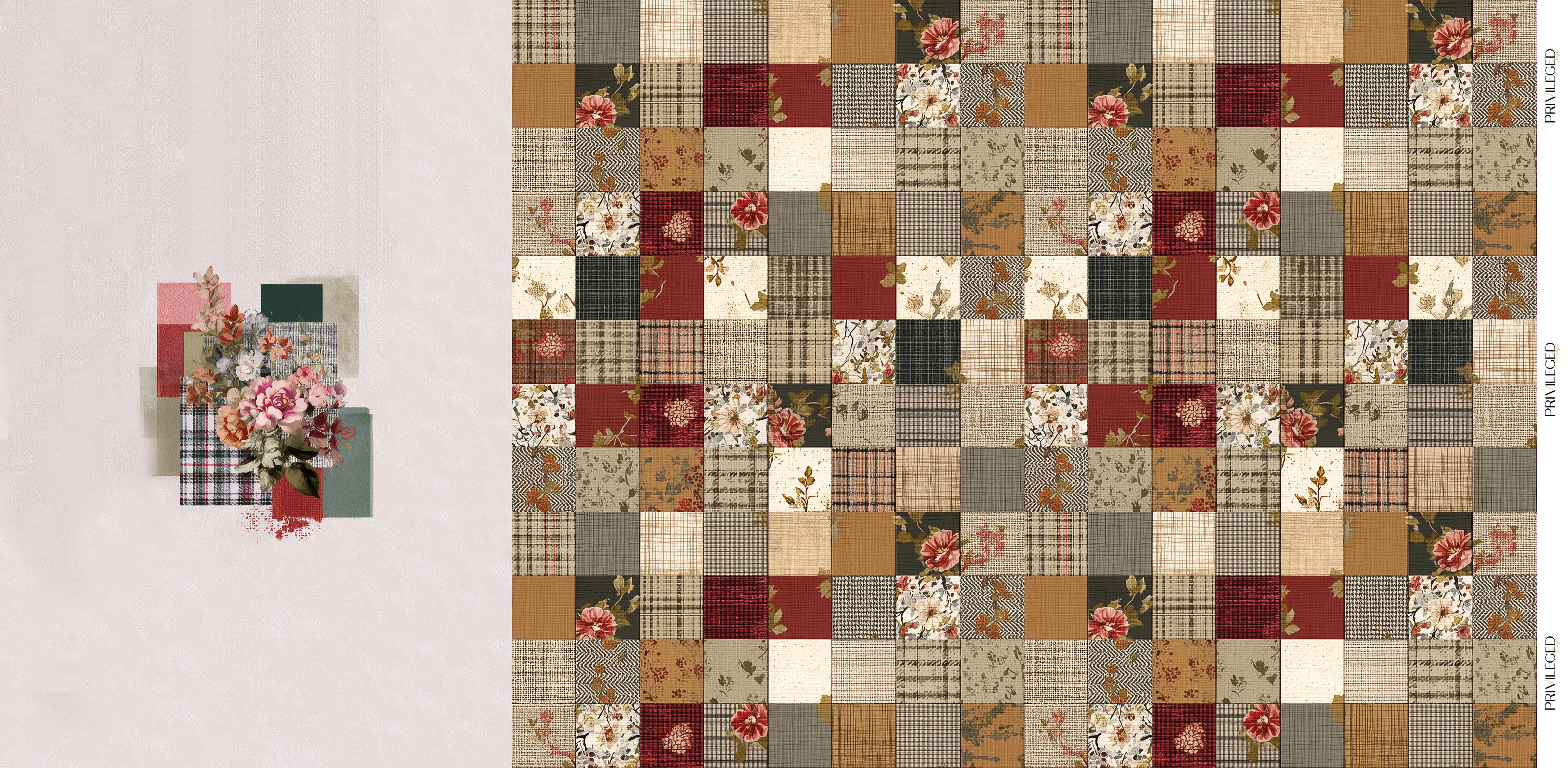 Vintage Patchwork – Floral Square Pattern Printed Fabric Panel for Kids