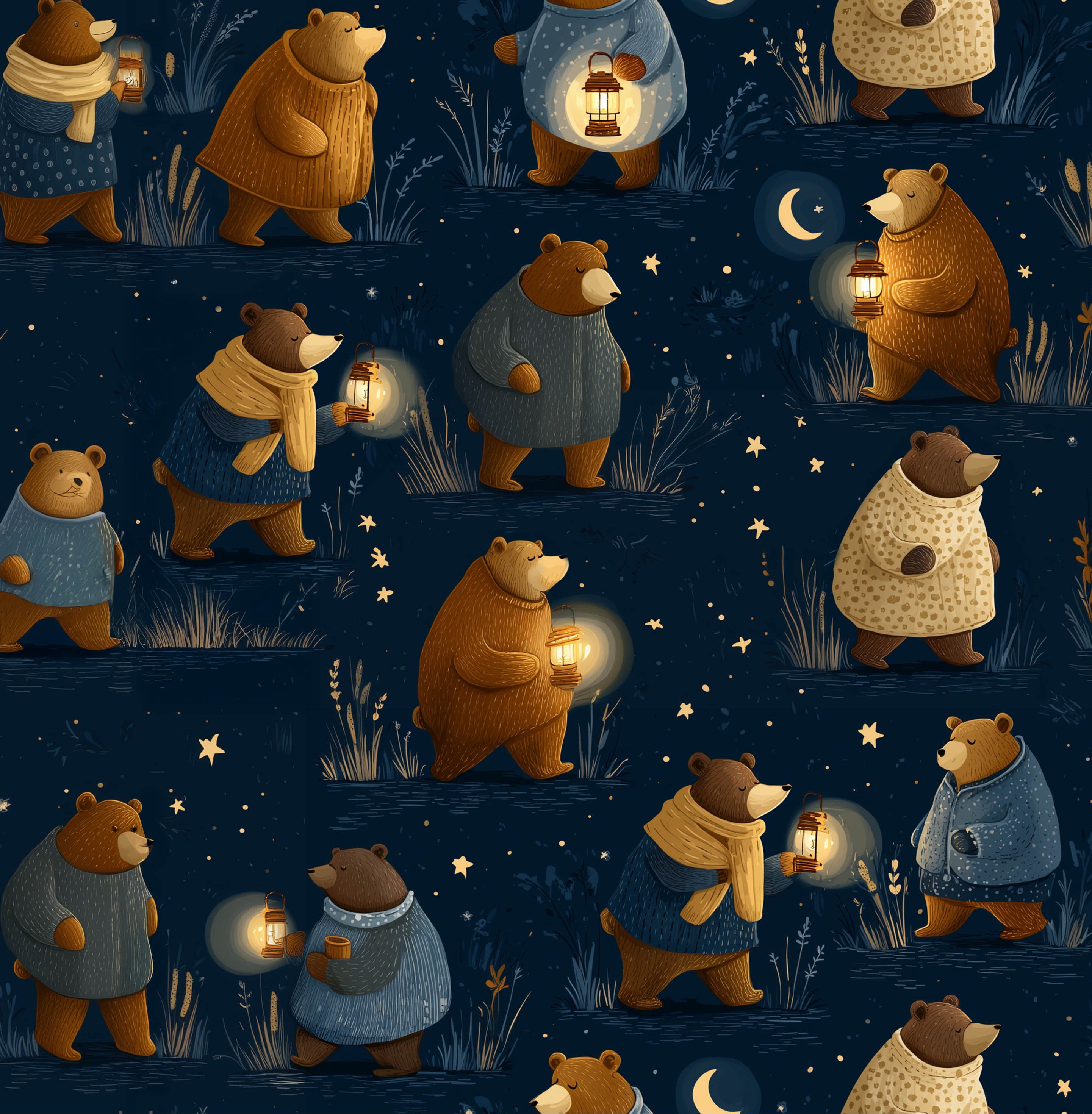 Night Lantern Bears – Printed Knit Fabric for Kids