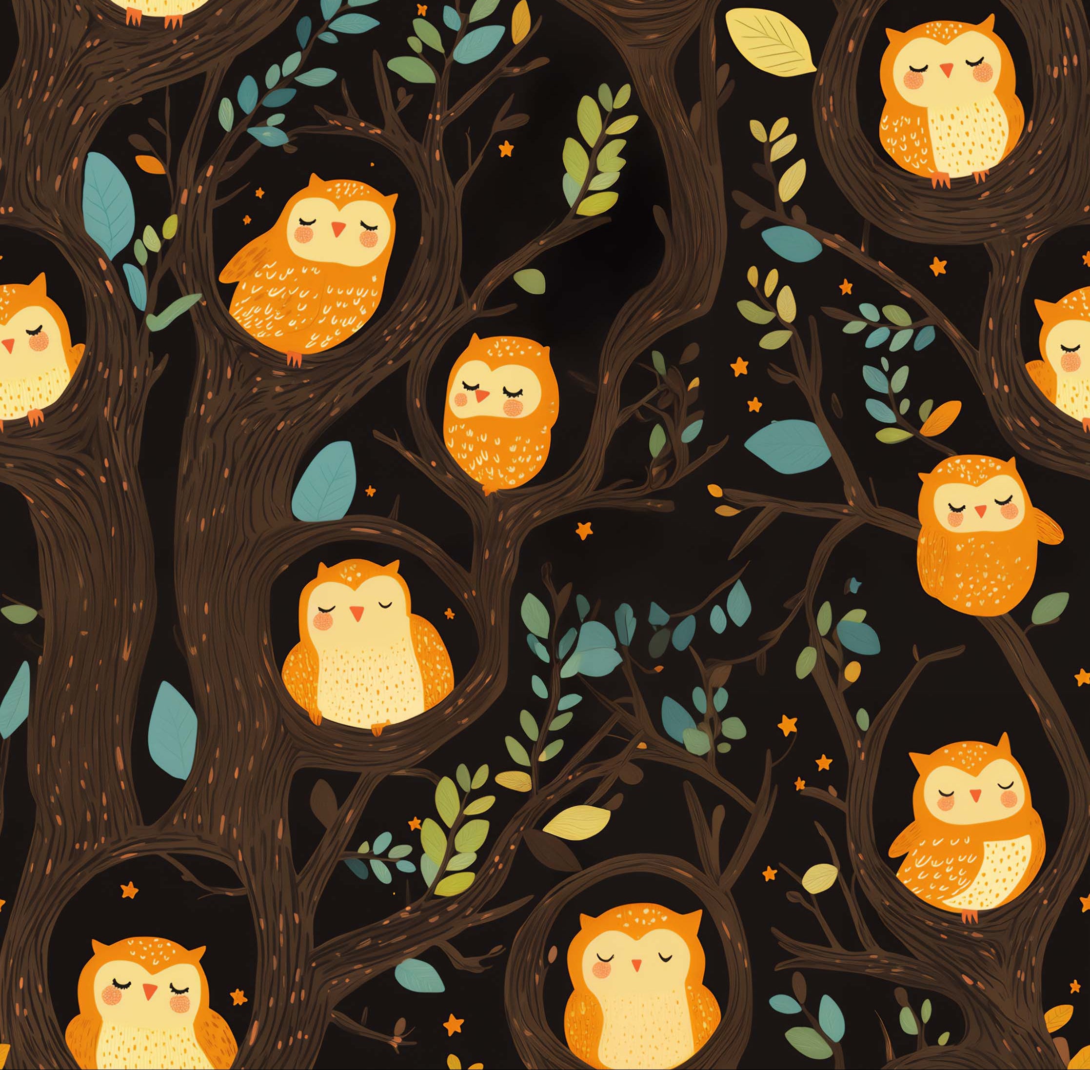 Sleepy Owls in the Woods – Printed Cotton Knit Fabric for Kids