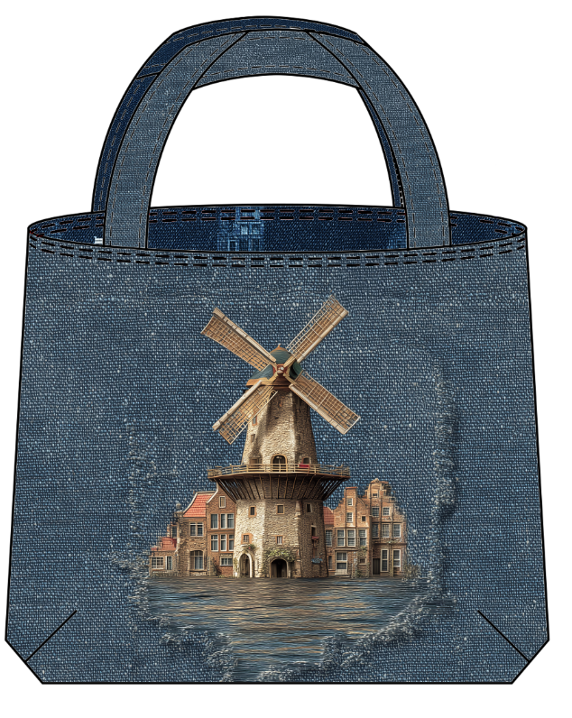 Dutch Spirit Bag Fabric | Denim Texture with Windmills & Iconic Dutch Architecture