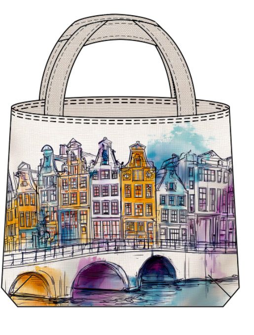 Amsterdam Harmony Bag Fabric | Outline Watercolor Canal Houses & Colorful Amsterdam Homes