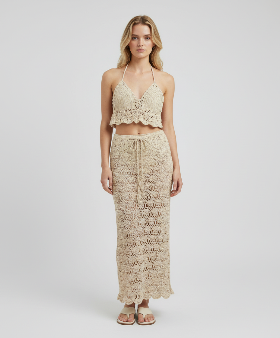 Handmade Crochet Skirt & Top Set – Natural Tones