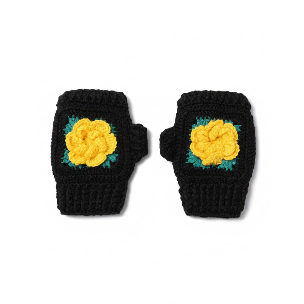 Handmade Kids Mittens | Yellow Flower Detail