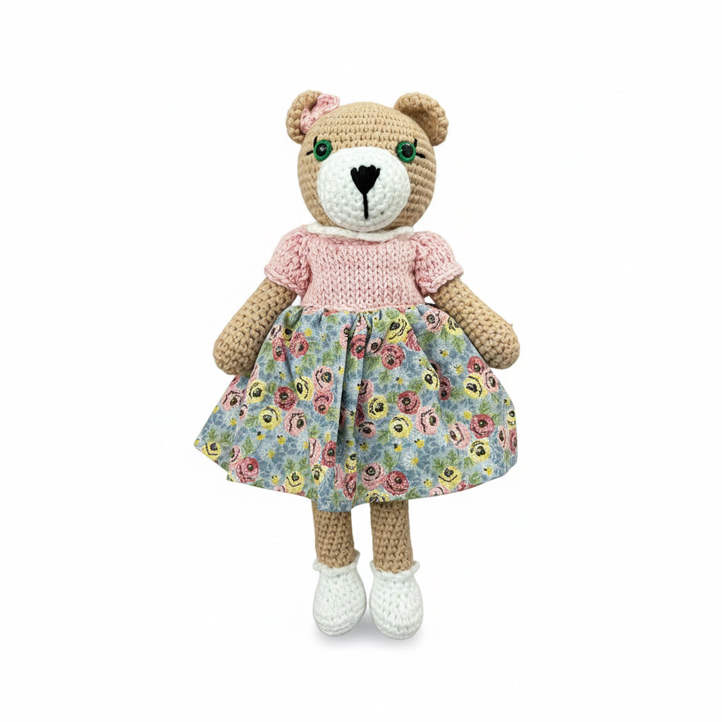 Handmade Crochet Teddy Doll with Floral Dress
