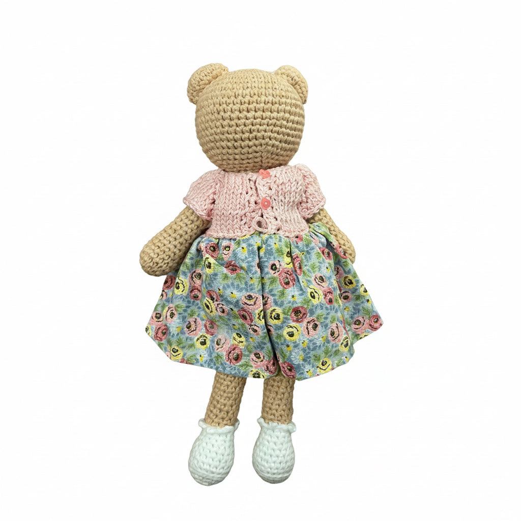 Handmade Crochet Teddy Doll with Floral Dress
