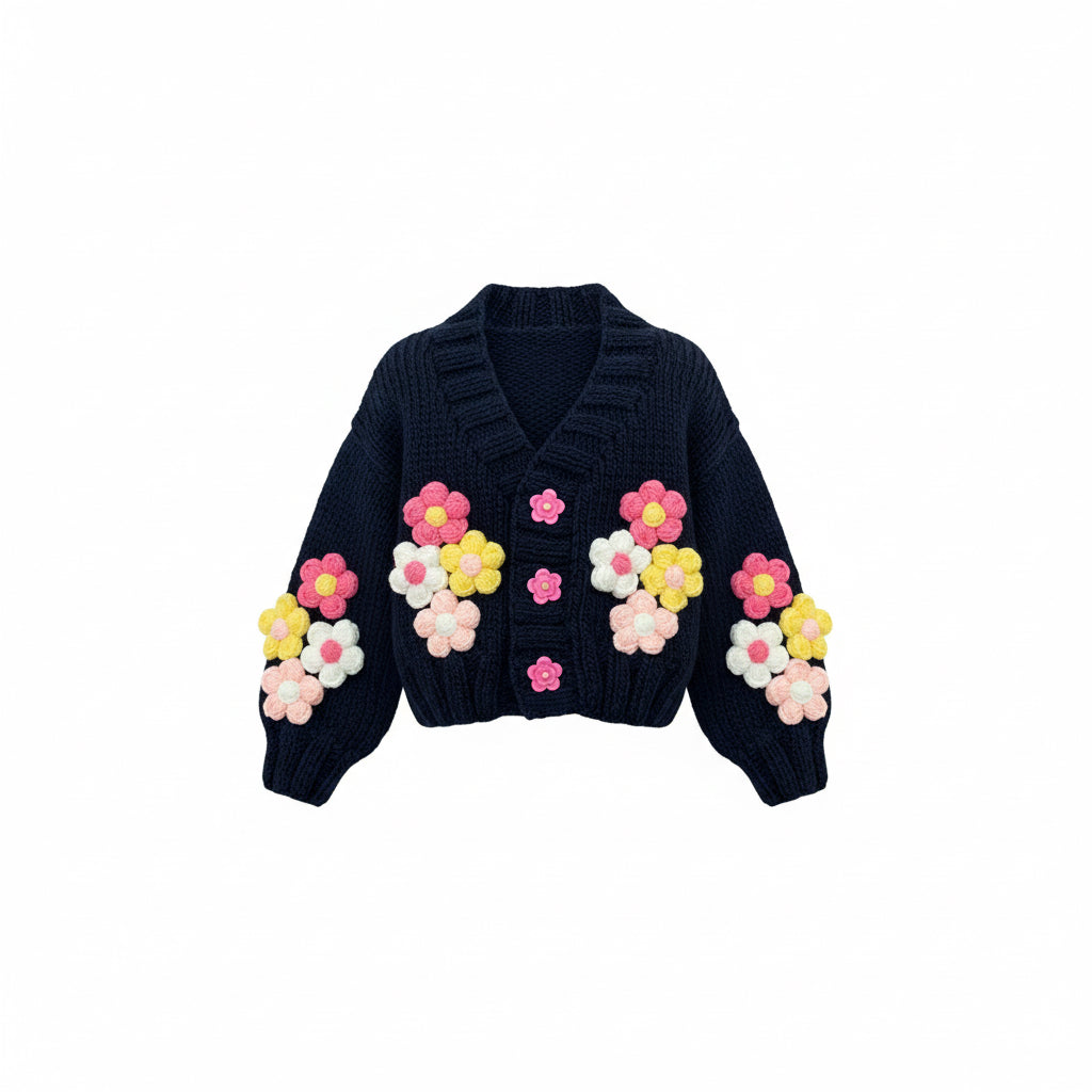 Handmade Floral Girl Cardigan | Navy & Colorful Design