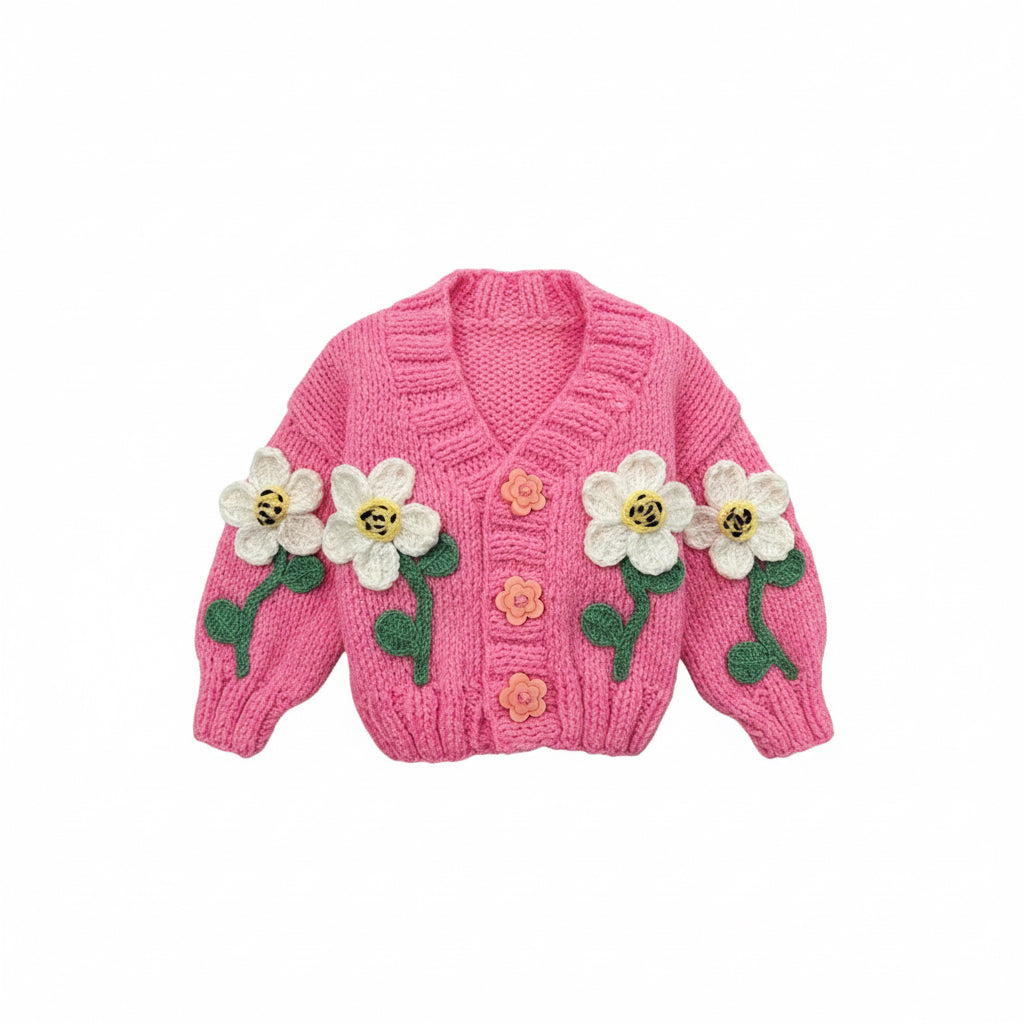 Handmade Pink Flower Knit Baby Cardigan
