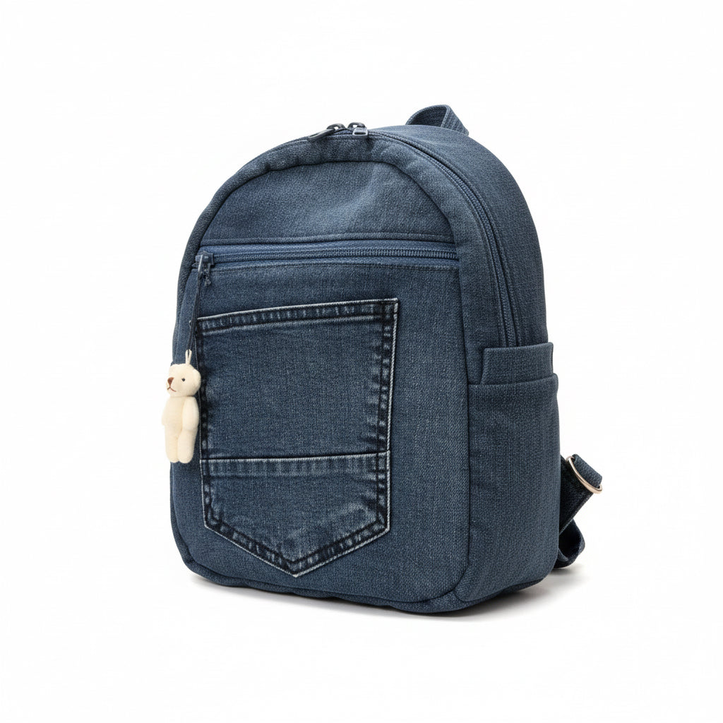Denim Handbag with Pocket & Mini Bear Accessory