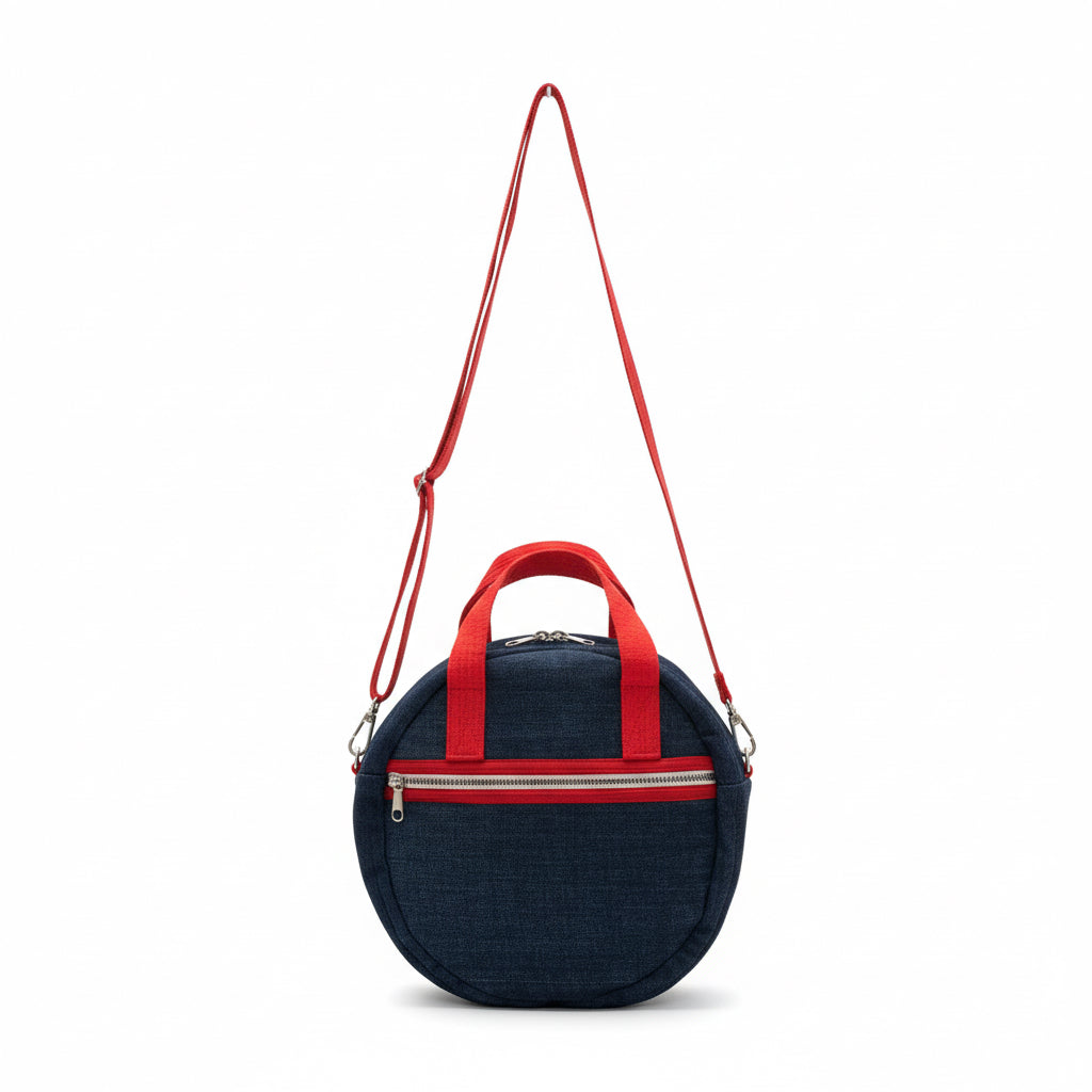 Round Denim Handbag with Red Details
