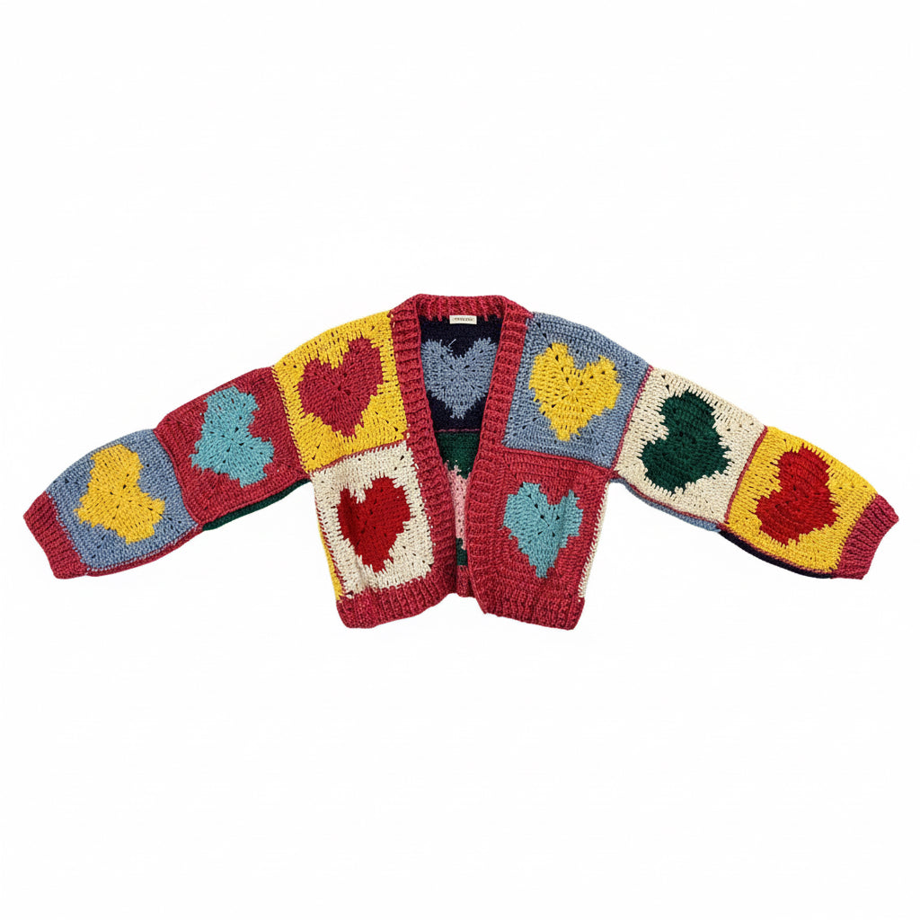 Colorful Heart Patch Crochet Cardigan