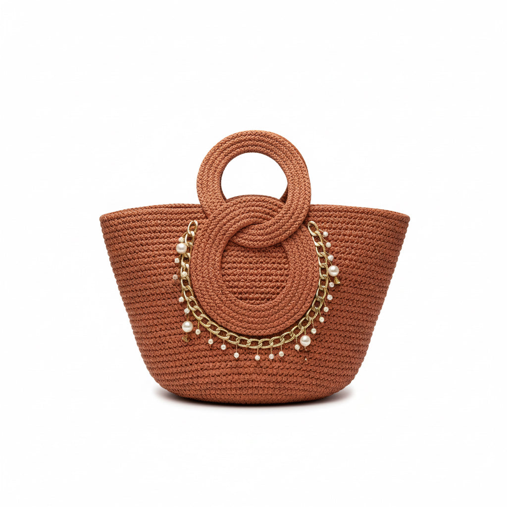 Altın Rengi  Zincir ve İnci Detaylı El Yapımı Bohem Tote Çanta
