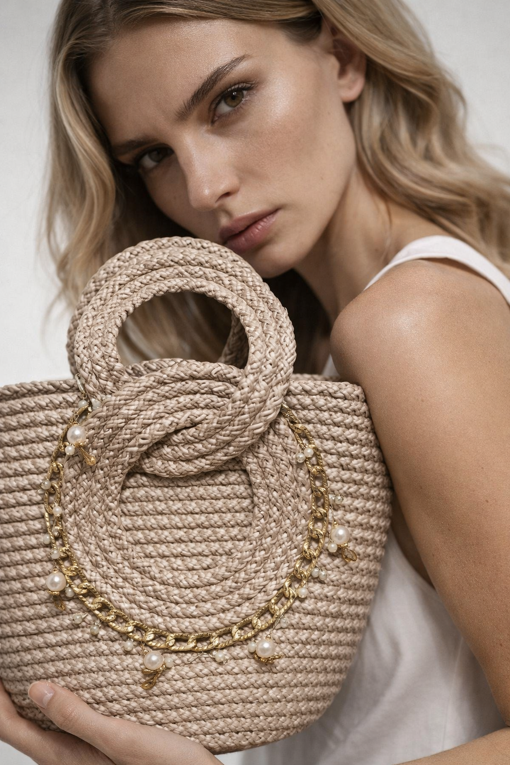 El Örgüsü Bej Halat Çanta – İnci Detaylı Yuvarlak Saplı Model