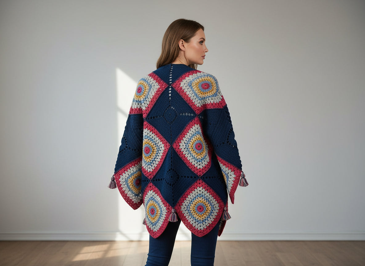 Handmade Crochet Boho Cardigan – Multicolor Geometric Pattern