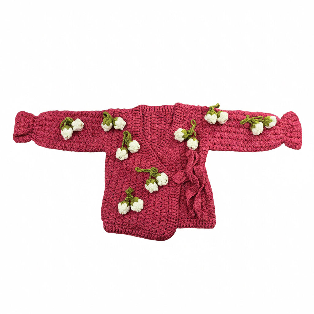 Pink Handmade Crochet Cardigan with Floral Details