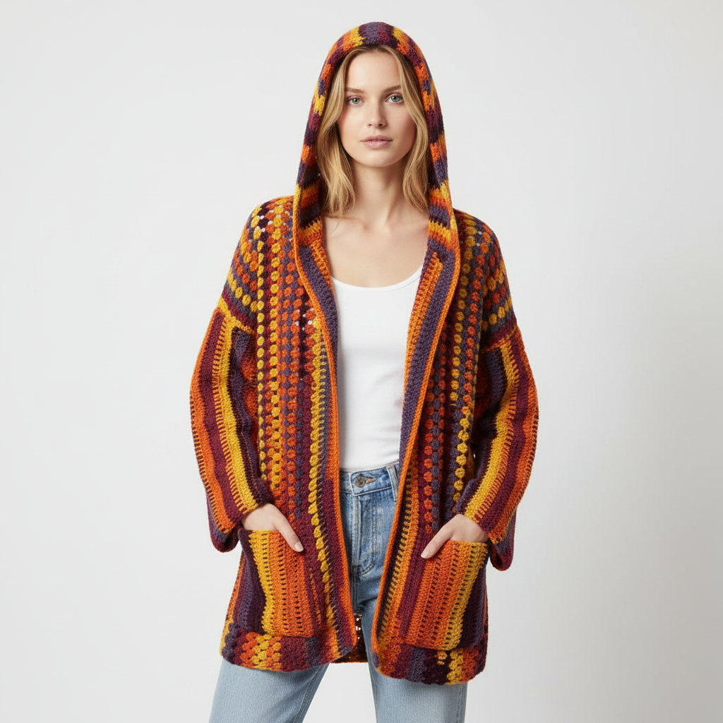 Sunset Stripes Crochet Hooded Cardigan