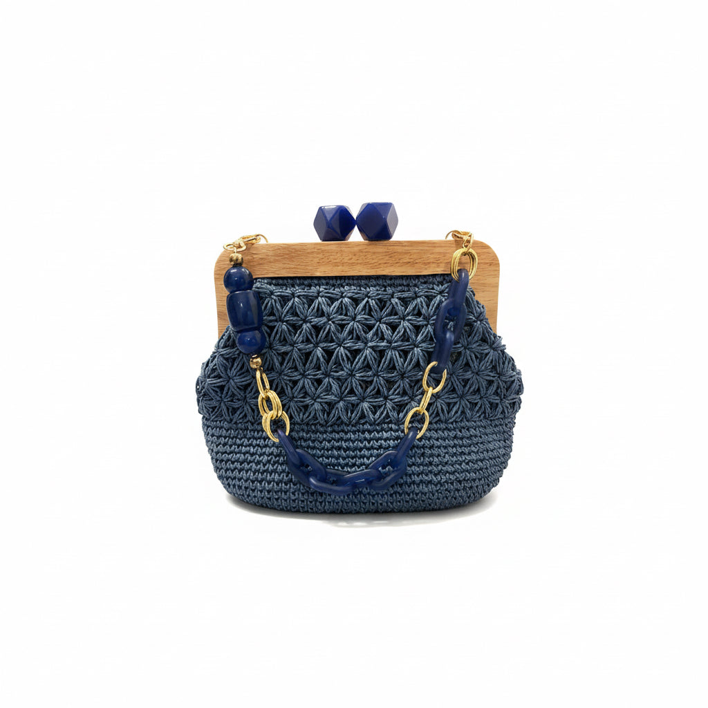 Navy Blue Handwoven Bag with Wooden Frame & Beaded Chain