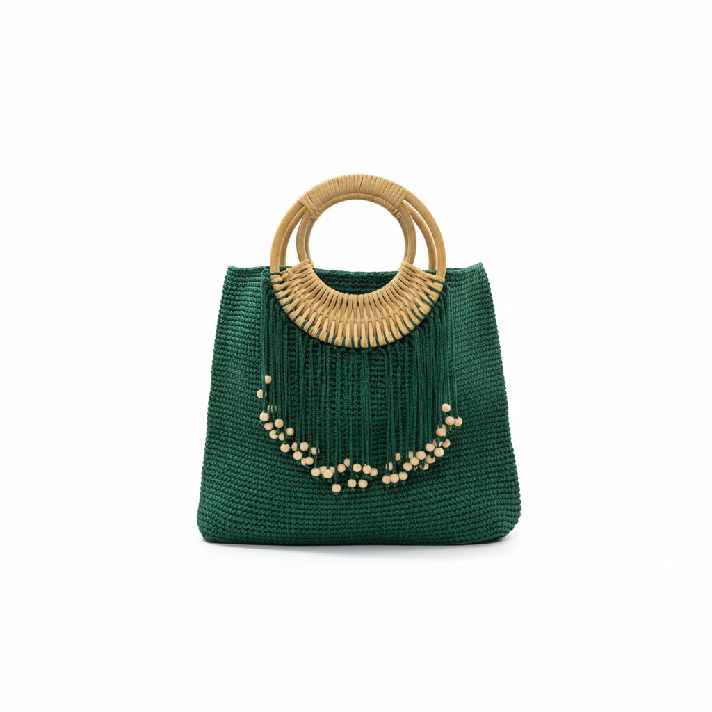 Green Handwoven Bag with Wooden Handle & Fringe Detail