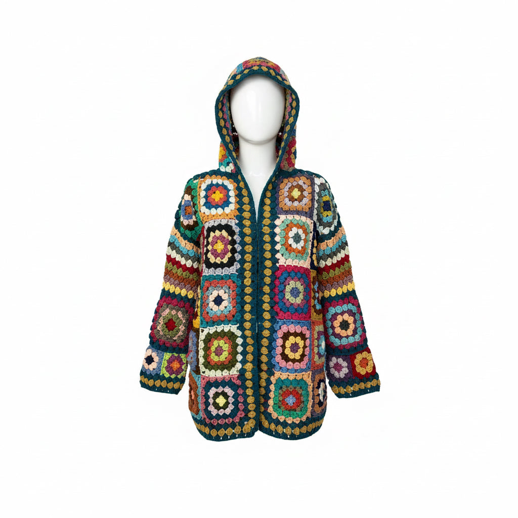 Handmade Crochet Hooded Patchwork Cardigan