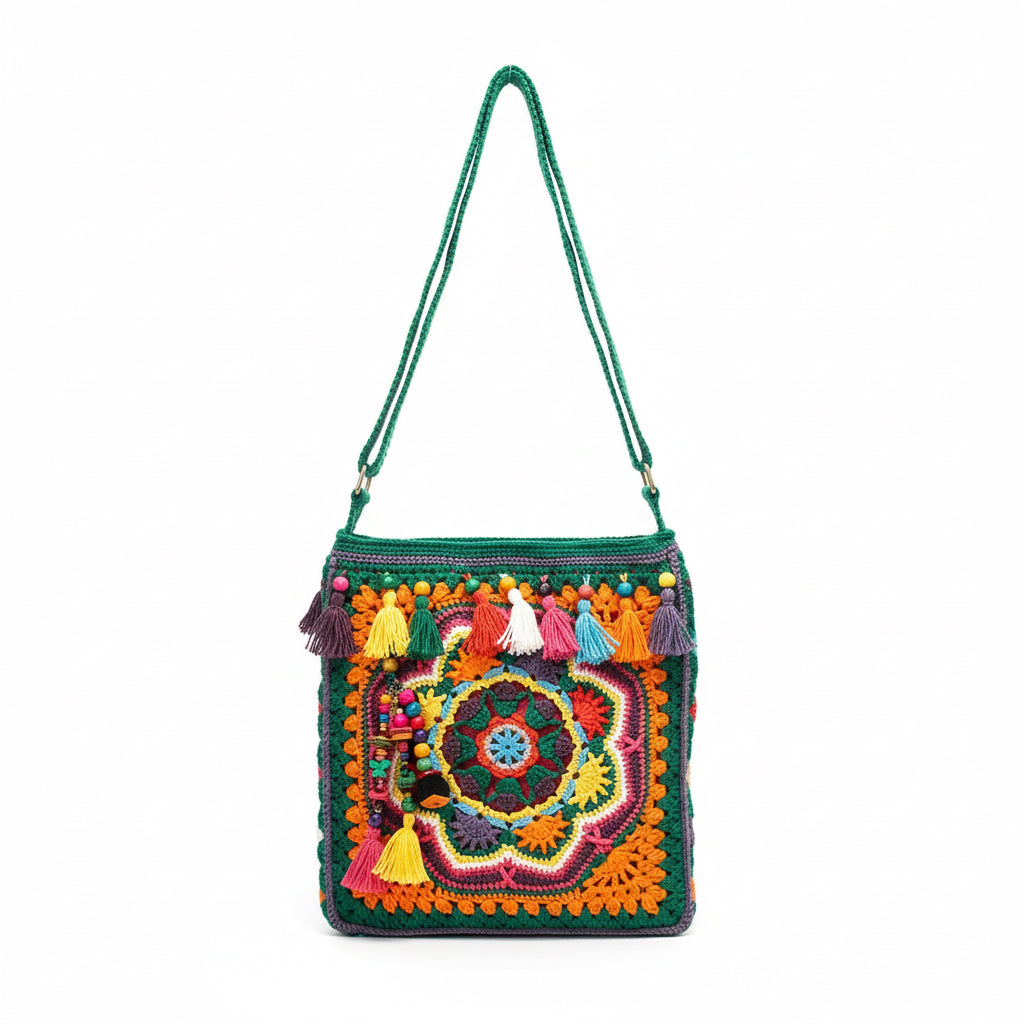 Püsküllü Bohem El Örgüsü Omuz Çantası | El Yapımı Tığ İşi Çapraz Çanta