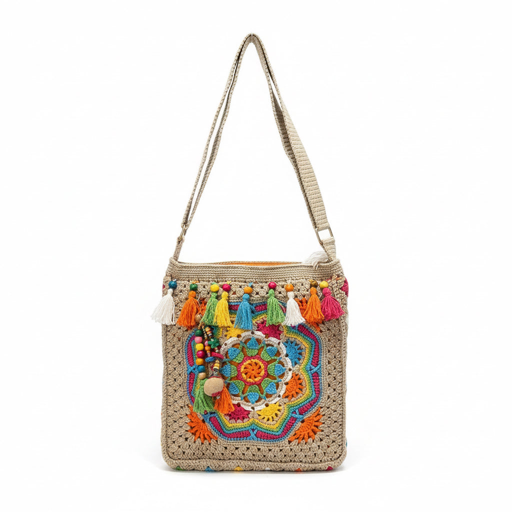 Püsküllü Bohem El Örgüsü Omuz Çantası | El Yapımı Tığ İşi Çapraz Çanta