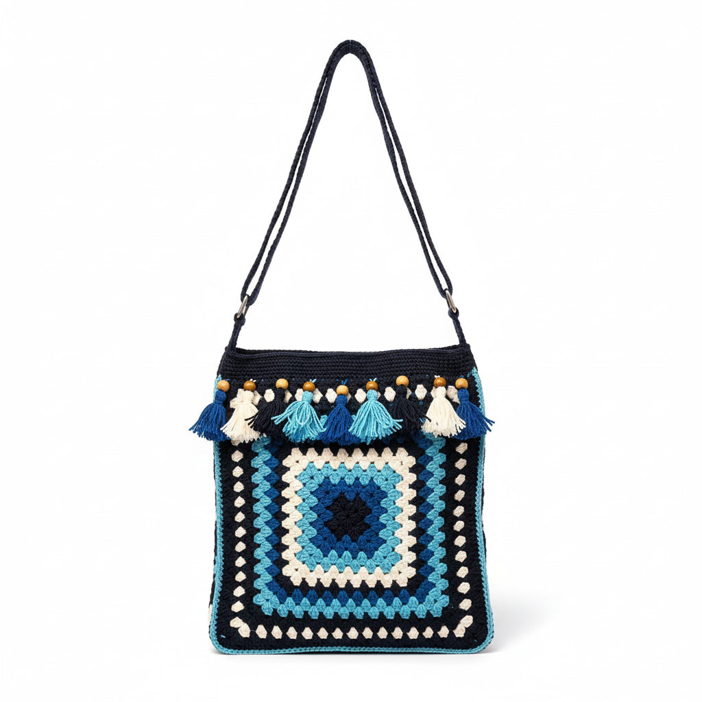 oho Crochet Shoulder Bag with Tassels | Handmade Knitted Crossbody Purse