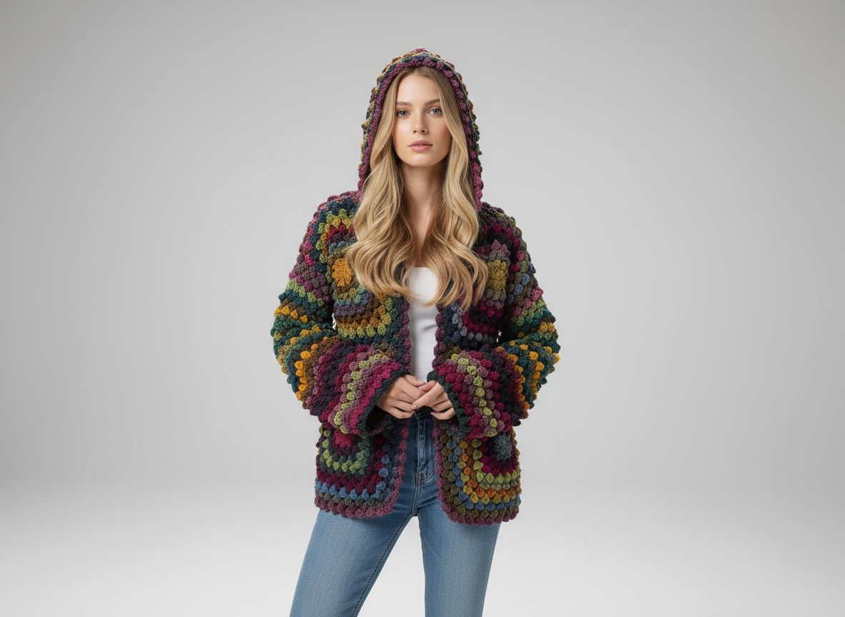 Handmade Crochet Hooded Cardigan | Multicolor